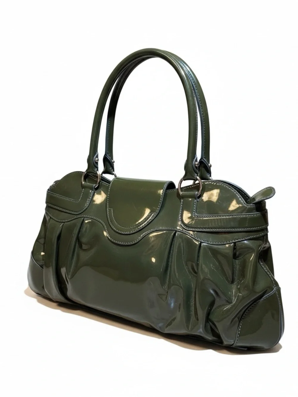 Salvatore Ferragamo Olive Green Patent Leather Marisa Gancini Satchel Auth